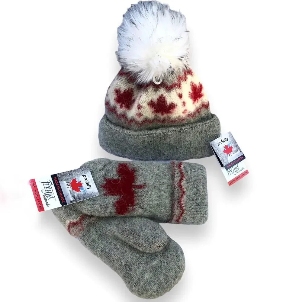 Freya Icelandic Wool Winter Set Hat Mitten Canada Maple Leafs Pom Lined NEW